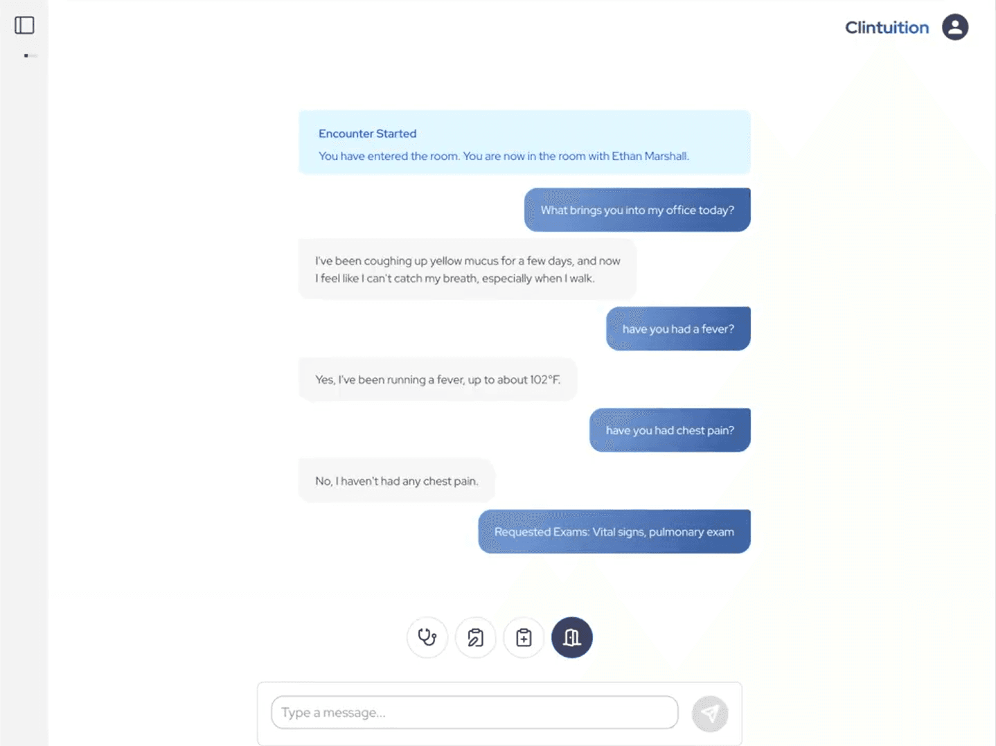 Screenshot of an AI patient encounter conversation in Clintuition